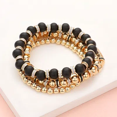 Fashnzfab 4pcs - Wood Ball Metal Beaded Stretch Bracelets In Black