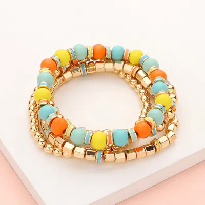 Fashnzfab 4pcs - Wood Ball Metal Beaded Stretch Bracelets Multi, Orange In Silver