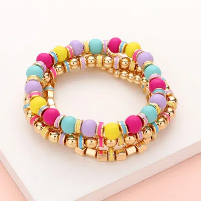 Fashnzfab 4pcs - Wood Ball Metal Beaded Stretch Bracelets Multi, Pink In Silver