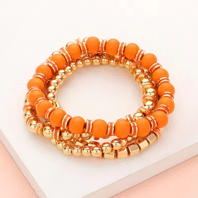 Fashnzfab 4pcs - Wood Ball Metal Beaded Stretch Bracelets Orange In Silver