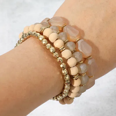 Fashnzfab 4pcs - Wood Ball Multi Beaded Stretch Bracelets Neutral In Gold