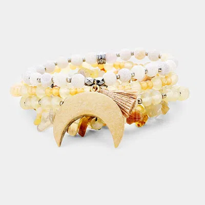 Fashnzfab 4pcs Wood Double Horn Charms Stretch Bracelets Cream, Multi In Gold