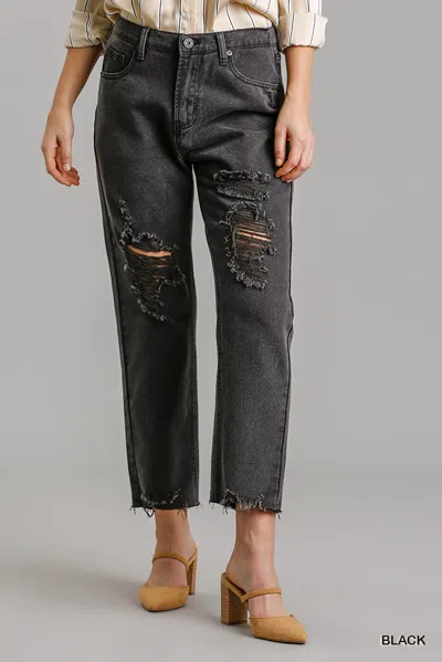Fashnzfab 5 Pockets Non-stretch Straight Cut Distressed Denim Jeans With Raw Hem In Black