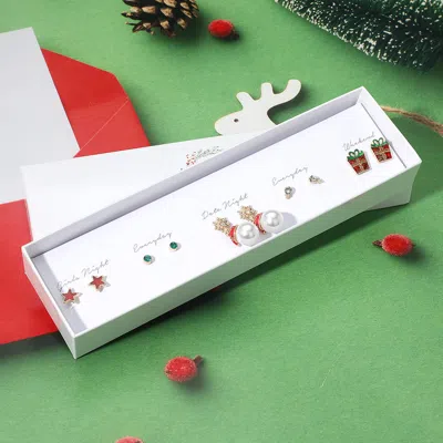 Fashnzfab 5pairs - Enamel Holiday Star Gift Pearl Drop Snowflake Santa Hat Earring Set In Red