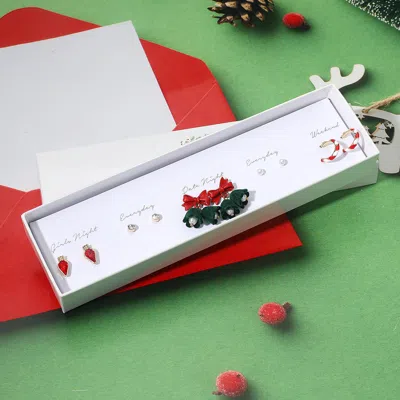 Fashnzfab 5pairs - Holiday Pearl Bell Drop Candy Cane Mini Hoop Stud Earring Set In Green