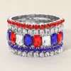 Fashnzfab 5pcs - American Usa Theme Emerald Cut Round Stone Stretch Evening Bracelets Blue, Red, Silver, White In Multi
