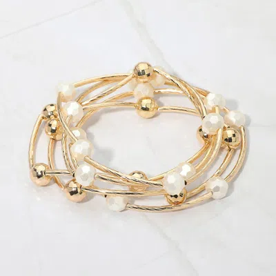 Fashnzfab 5pcs - Ball Metal Bar Beaded Stretch Multi Layered Bracelets In Gold