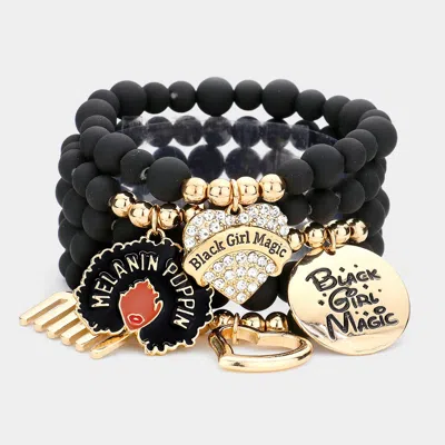 Fashnzfab 5pcs - Black Girl Magic Various Charm Multi Layered Stretchable Bracelets