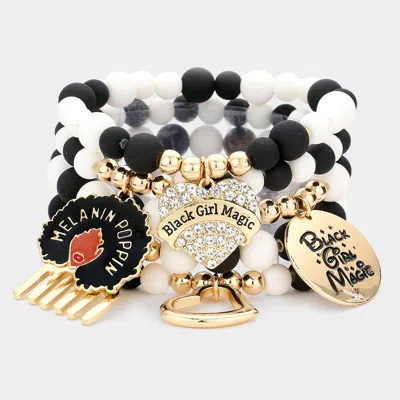 Fashnzfab 5pcs - Black Girl Magic Various Charm Multi Layered Stretchable Bracelets In Gold