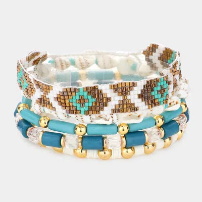 Fashnzfab 5pcs - Boho Pattern Detailed Shell Beaded Bracelets In Blue