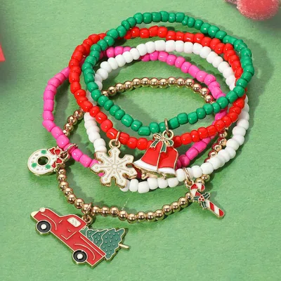 Fashnzfab 5pcs - Christmas Tree Truck Wreath Snowflake Candy Cane Charm Stretch Beaded Multi Layered Bracelets