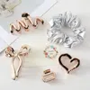 Fashnzfab 5pcs - Chrome Open Heart Bow Hair Clips Stretchable Fabric Hair Band Set In Gold