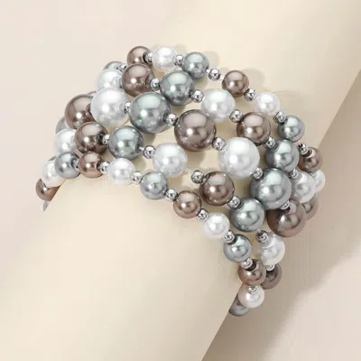 Fashnzfab 5pcs - Colorful Pearl Beaded Stretch Multi Layered Bracelets In Metallic