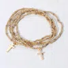 Fashnzfab 5pcs - Cross Charm Pointed Seed Beaded Stretch Multi Layered Bracelets In Brown