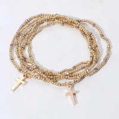 Fashnzfab 5pcs - Cross Charm Pointed Seed Beaded Stretch Multi Layered Bracelets In Brown