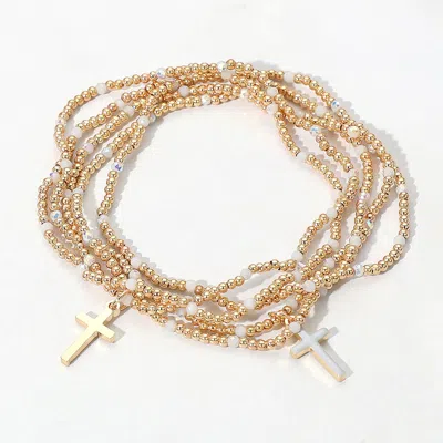 Fashnzfab 5pcs - Cross Charm Pointed Seed Beaded Stretch Multi Layered Bracelets In Gray