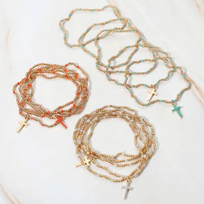 Fashnzfab 5pcs - Cross Charm Pointed Seed Beaded Stretch Multi Layered Bracelets In Orange