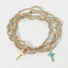 Fashnzfab 5pcs - Cross Charm Pointed Seed Beaded Stretch Multi Layered Bracelets In Gold