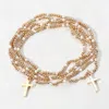 Fashnzfab 5pcs - Cross Charm Pointed Seed Beaded Stretch Multi Layered Bracelets In White