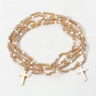 Fashnzfab 5pcs - Cross Charm Pointed Seed Beaded Stretch Multi Layered Bracelets In White