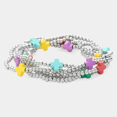 Fashnzfab 5pcs - Cross Pointed Metal Ball Beaded Stretch Multi Layered Bracelets