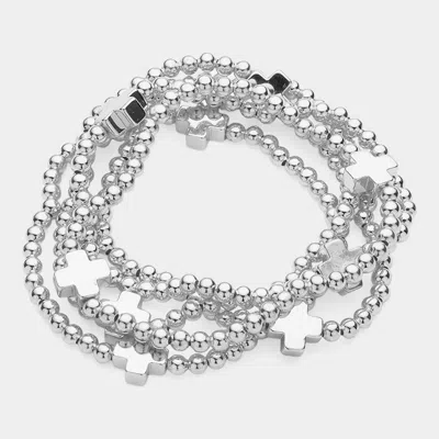 Fashnzfab 5pcs - Cross Pointed Metal Ball Beaded Stretch Multi Layered Bracelets