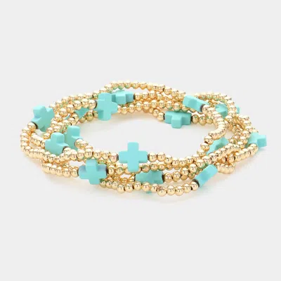 Fashnzfab 5pcs - Cross Pointed Metal Ball Beaded Stretch Multi Layered Bracelets In Gold