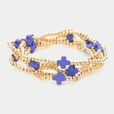 Fashnzfab 5pcs - Cross Pointed Metal Ball Beaded Stretch Multi Layered Bracelets In Blue