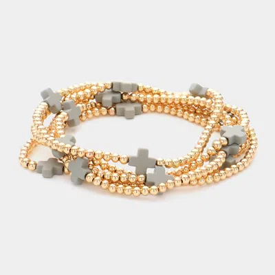 Fashnzfab 5pcs - Cross Pointed Metal Ball Beaded Stretch Multi Layered Bracelets In Gray