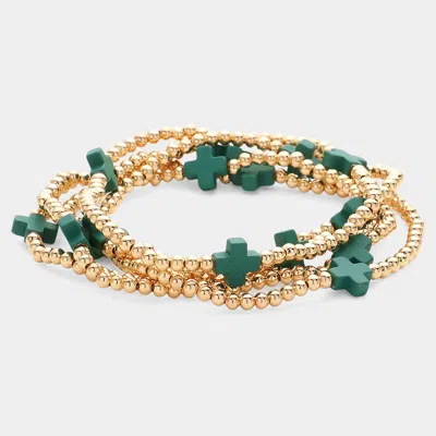 Fashnzfab 5pcs - Cross Pointed Metal Ball Beaded Stretch Multi Layered Bracelets In Green