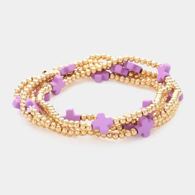 Fashnzfab 5pcs - Cross Pointed Metal Ball Beaded Stretch Multi Layered Bracelets Lavender In Purple
