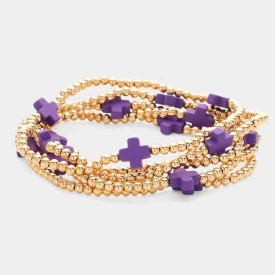Fashnzfab 5pcs - Cross Pointed Metal Ball Beaded Stretch Multi Layered Bracelets In Purple