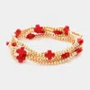 Fashnzfab 5pcs - Cross Pointed Metal Ball Beaded Stretch Multi Layered Bracelets In Red
