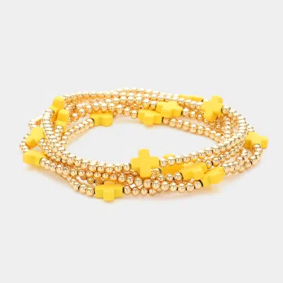 Fashnzfab 5pcs - Cross Pointed Metal Ball Beaded Stretch Multi Layered Bracelets In Yellow