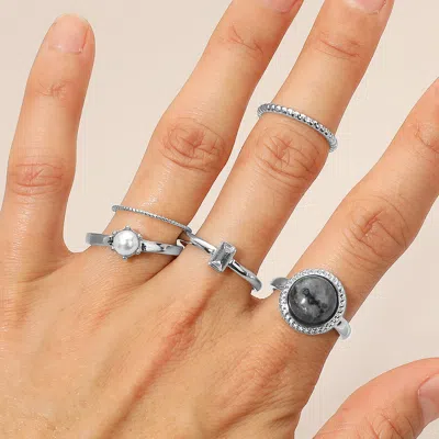 Fashnzfab 5pcs - Elegant Gemstone Pearl Accented Stackable Ring Set In Metallic