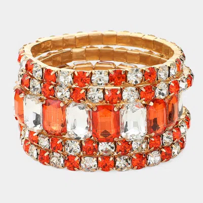 Fashnzfab 5pcs - Emerald Cut Round Stone Stretch Evening Bracelets - Clear, Gold, Orange In Multi