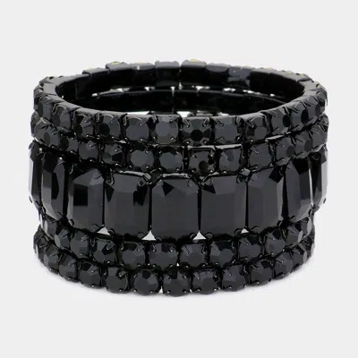 Fashnzfab 5pcs - Emerald Cut Round Stone Stretch Evening Bracelets Black