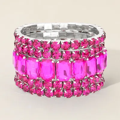 Fashnzfab 5pcs - Emerald Cut Round Stone Stretch Evening Bracelets Fuchsia, Silver In Multi