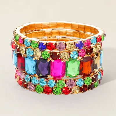 Fashnzfab 5pcs - Emerald Cut Round Stone Stretch Evening Bracelets Gold, Multi