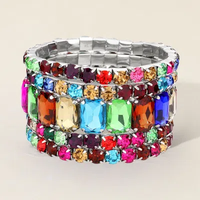 Fashnzfab 5pcs - Emerald Cut Round Stone Stretch Evening Bracelets Multi, Silver