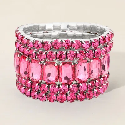 Fashnzfab 5pcs - Emerald Cut Round Stone Stretch Evening Bracelets In Pink