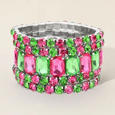 Fashnzfab 5pcs - Emerald Cut Round Stone Stretch Evening Bracelets Pink & Green, Silver In Multi
