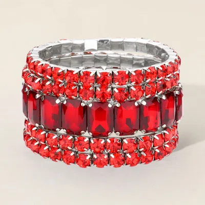 Fashnzfab 5pcs - Emerald Cut Round Stone Stretch Evening Bracelets In Red