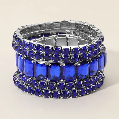 Fashnzfab 5pcs - Emerald Cut Round Stone Stretch Evening Bracelets Royal Blue, Silver In Multi