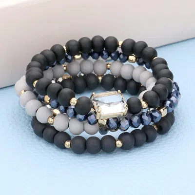 Fashnzfab 5pcs - Emerald Cut Stone Accented Wood Ball Faceted Beaded Stretch Bracelets In Black