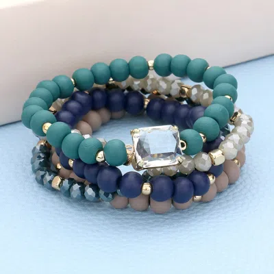Fashnzfab 5pcs - Emerald Cut Stone Accented Wood Ball Faceted Beaded Stretch Bracelets In Green
