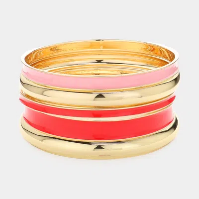 Fashnzfab 5pcs - Enamel Metal Multi Layered Bangle Bracelets In Red