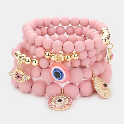 Fashnzfab 5pcs - Evil Eye Charm Beaded Stretch Bracelets Dark, Gold, Pink In Multi