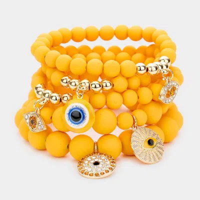 Fashnzfab 5pcs - Evil Eye Charm Beaded Stretch Bracelets Gold, Mustard In Orange