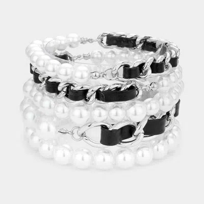 Fashnzfab 5pcs - Faux Leather Braided Pearl Beaded Multi Layered Bracelets